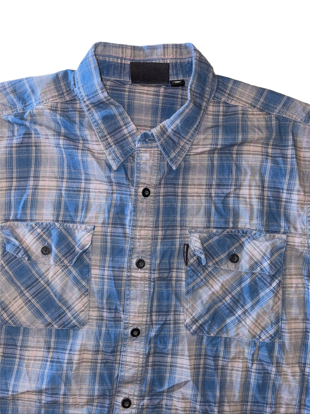 Harley-Davidson Blue Plaid Button Up Shirt 3XL Distressed Logo Biker Casual